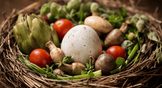 Un oeuf solitaire dans un panier de fruits légumes
