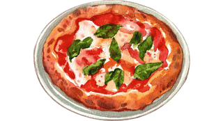 aquarelle d'une pizza pour représenter les compulsions alimentaires tomate basilic mozzarella