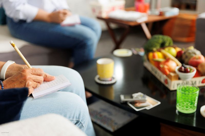 Personne qui écrit sur son cahier avec fruits et légumes en arrière plan
